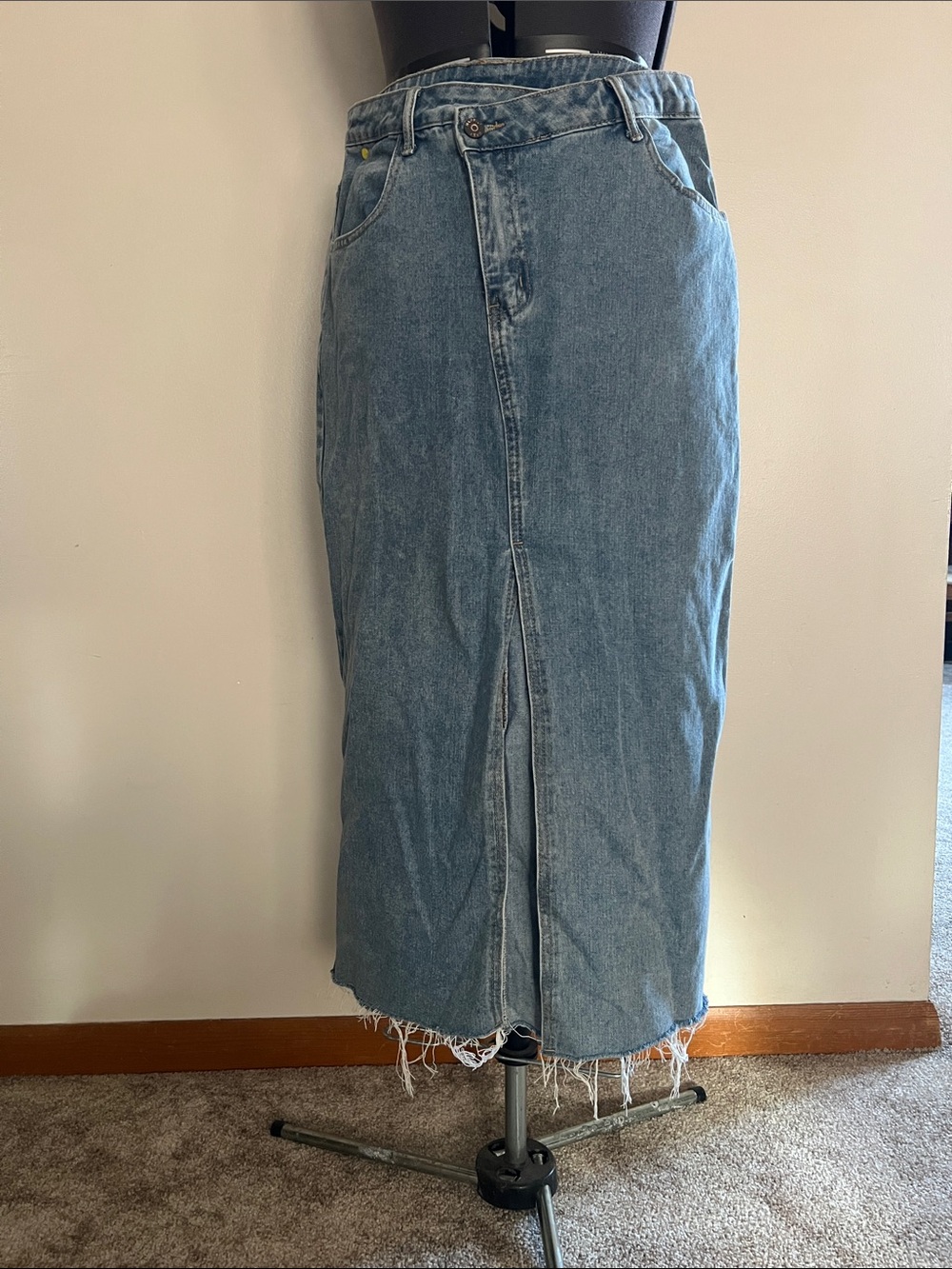 Denim Midi Skirt with Front Slit - Light Blue